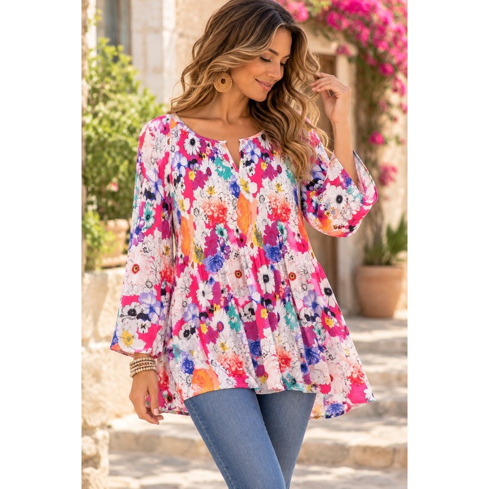 Spense Womens XL Pink Floral Boho Tunic Top Long Sleeve Babydoll Peasant Blouse